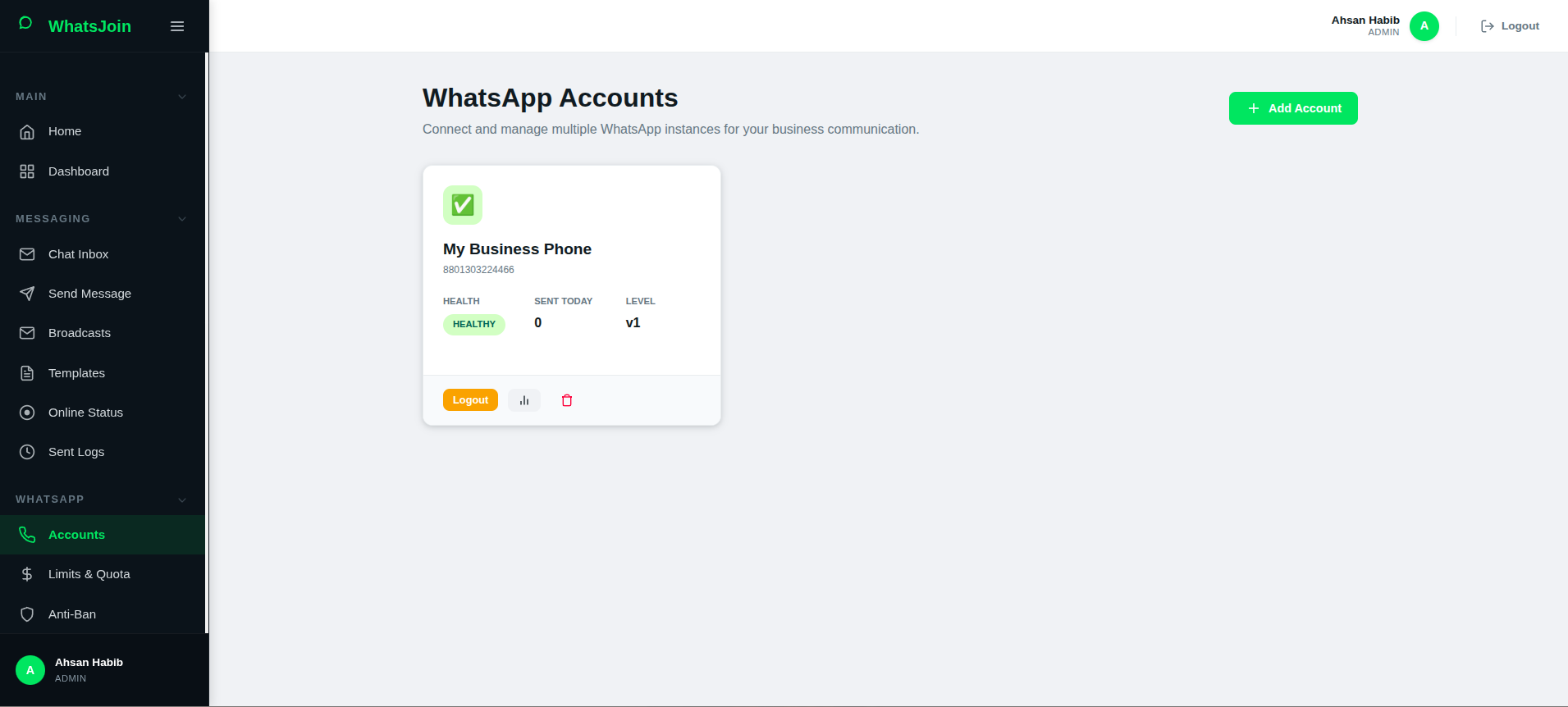 WhatsJoin multi-account WhatsApp messaging dashboard